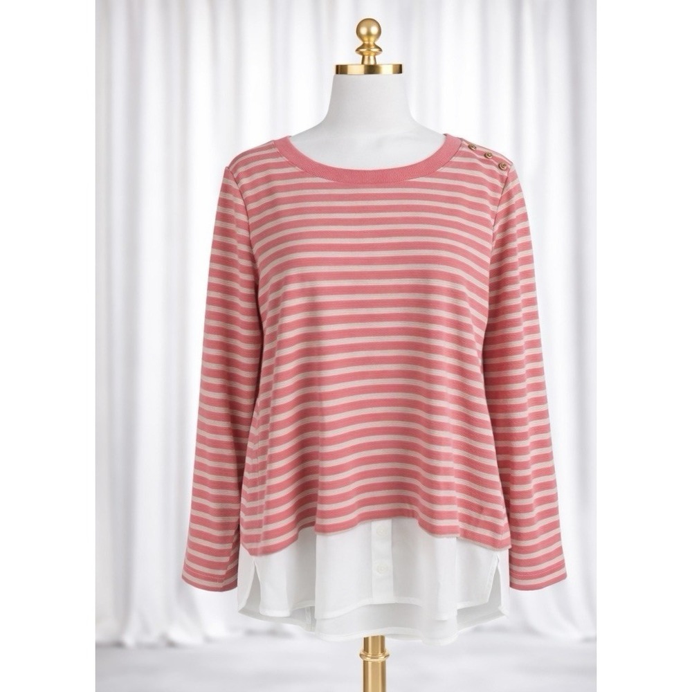 Isaac Mizrahi Live! Textured Stripe Layered Pullover Top Pink Tan Size 1x
